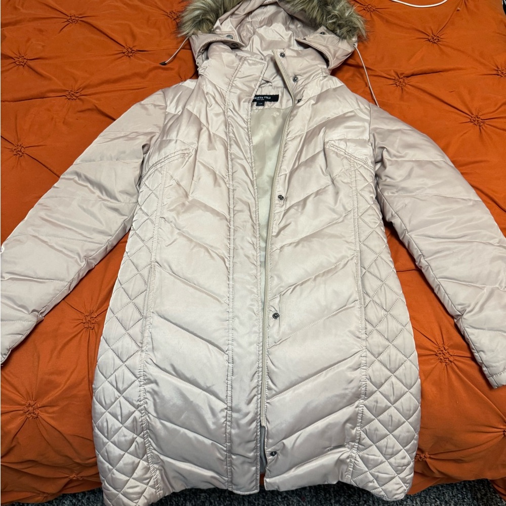 Kenneth Cole Light Beige Puffer Jacket with Faux Fur Hood
